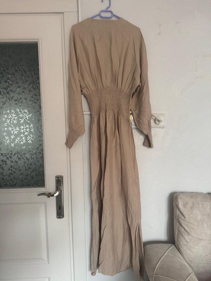 Bej Düğmeli Kadın Keten Uzun Elbise - Görsel 2