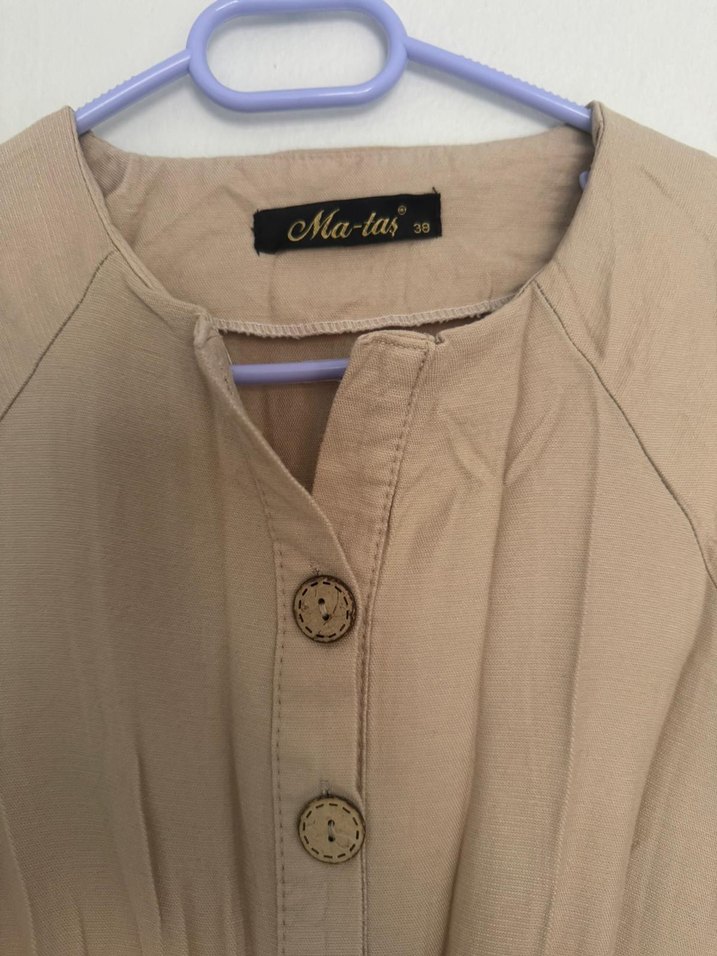 Bej Düğmeli Kadın Keten Uzun Elbise - Görsel 3