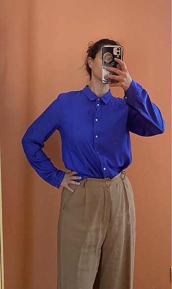 H&M Saten Saks Mavisi Gömlek