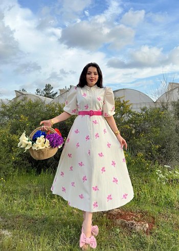 Pembe Çiçek Desenli Uzun Bohem Elbise - Görsel 5