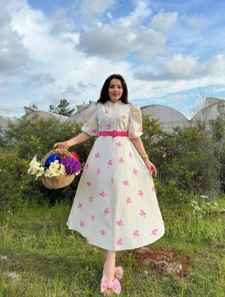 Pembe Çiçek Desenli Uzun Bohem Elbise - Görsel 5