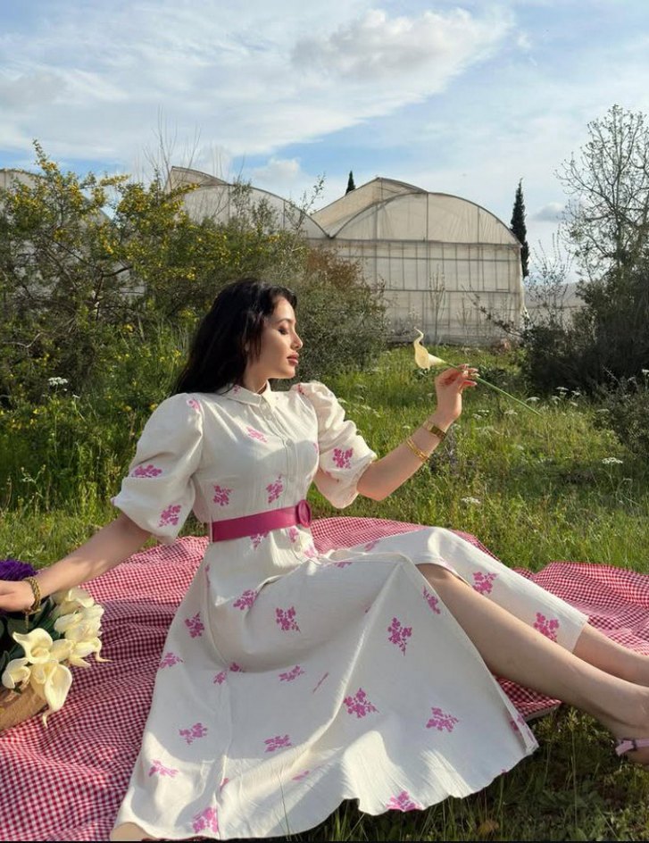 Pembe Çiçek Desenli Uzun Bohem Elbise - Görsel 2