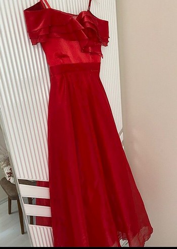Kırmızı Drapeli Uzun Abiye Elbise - Görsel 6