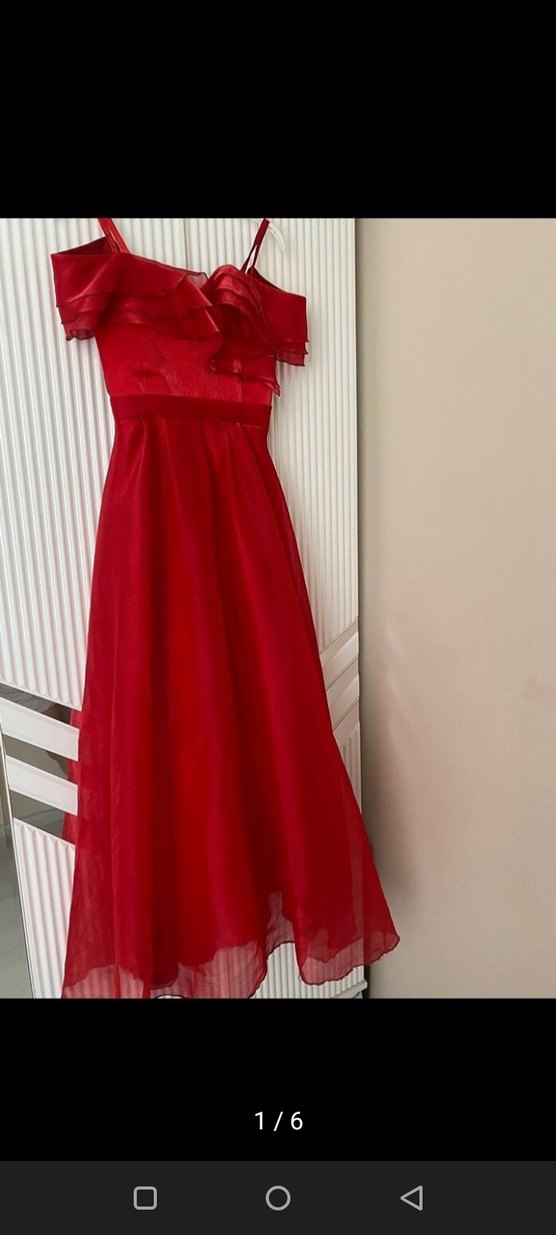 Kırmızı Drapeli Uzun Abiye Elbise - Görsel 4