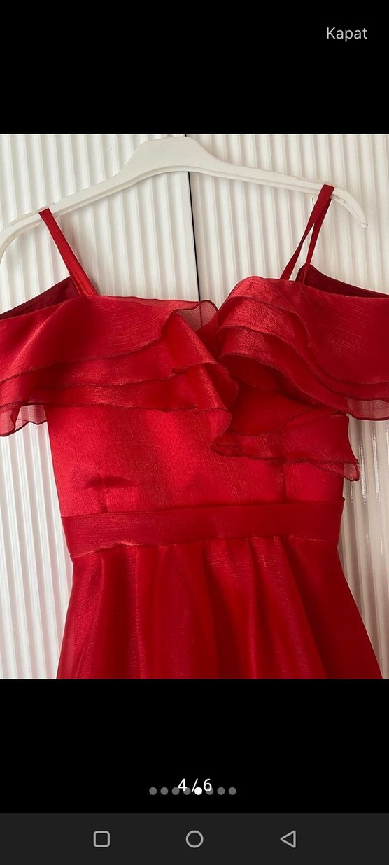 Kırmızı Drapeli Uzun Abiye Elbise - Görsel 3