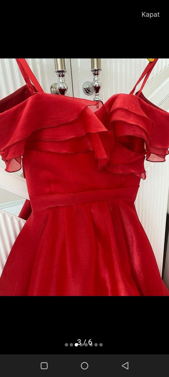 Kırmızı Drapeli Uzun Abiye Elbise - Görsel 5