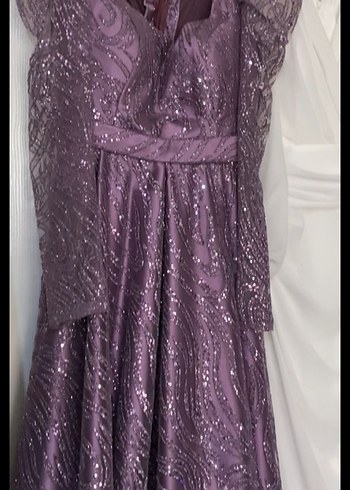 Mor Dantel İşlemeli Uzun Abiye Elbise - Görsel 5