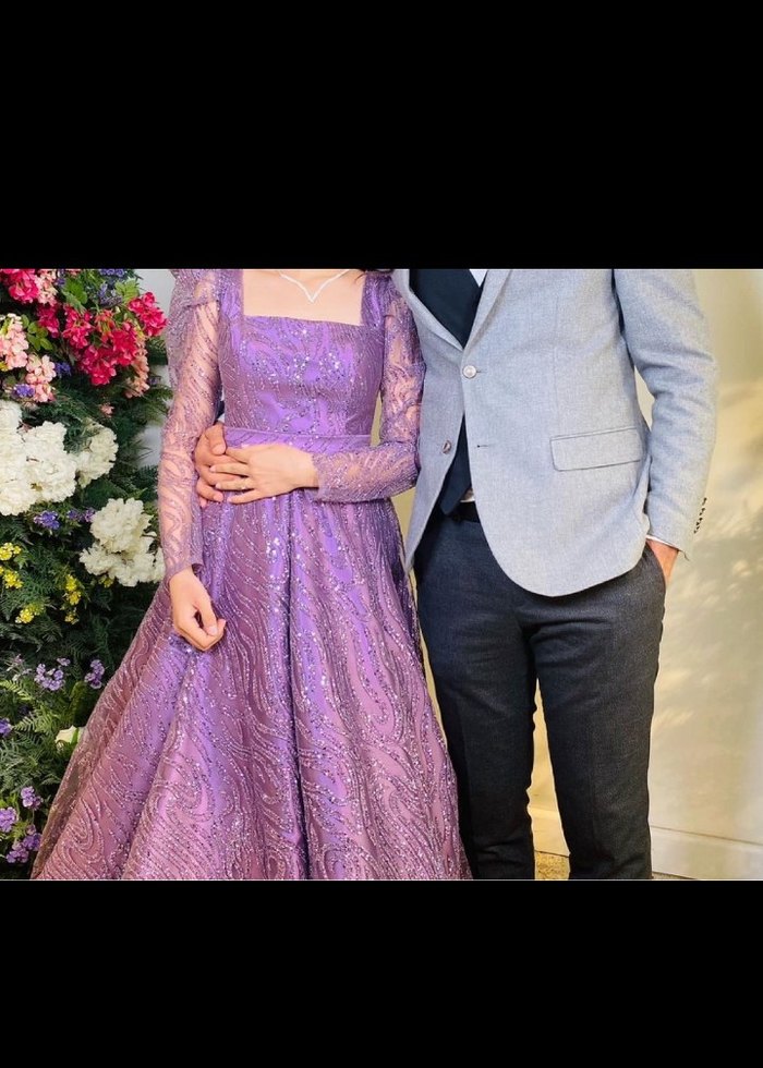 Mor Dantel İşlemeli Uzun Abiye Elbise - Görsel 3