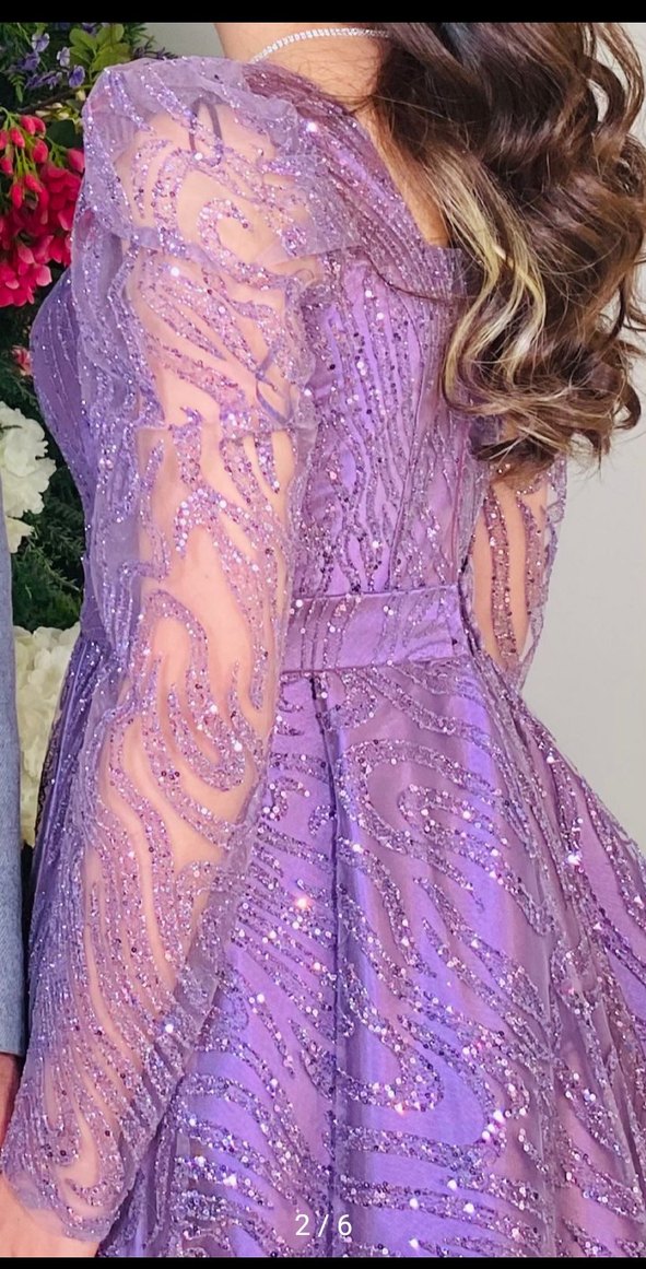 Mor Dantel İşlemeli Uzun Abiye Elbise - Görsel 2