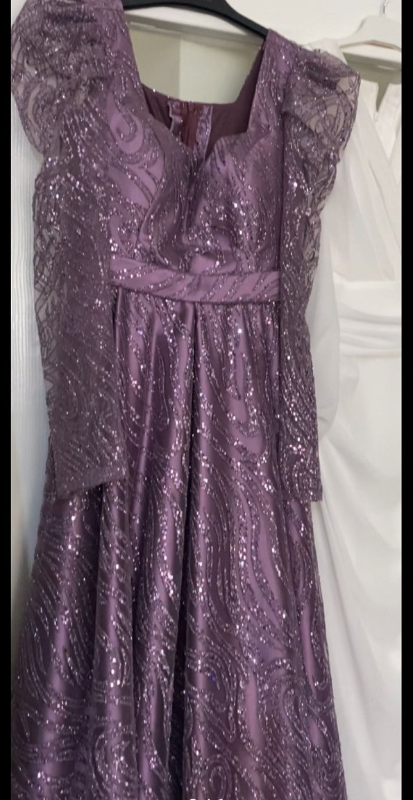 Mor Dantel İşlemeli Uzun Abiye Elbise - Görsel 5