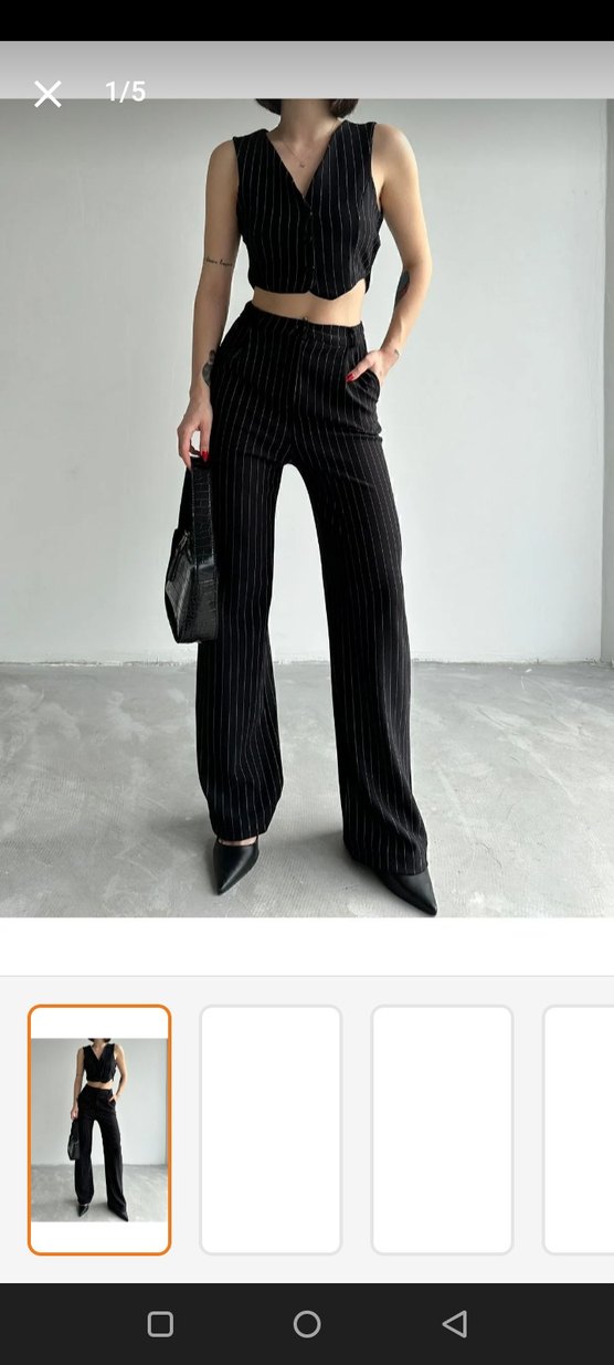 Düğmeli Çizgili Siyah Mini Kumaş Pantolon - Görsel 2