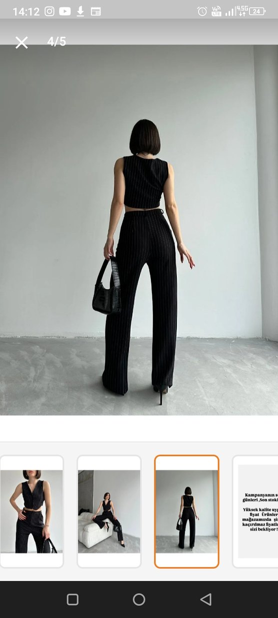 Düğmeli Çizgili Siyah Mini Kumaş Pantolon - Görsel 3