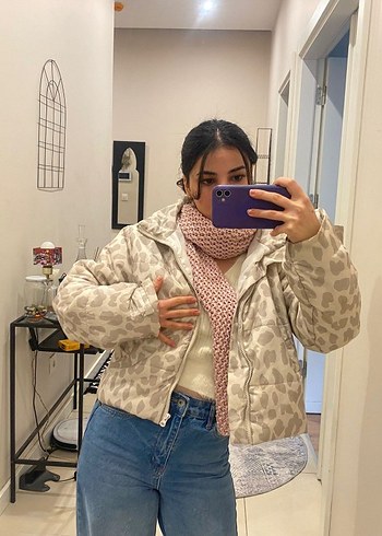 Bej Desenli Midi Kadın şişme Mont - Görsel 3