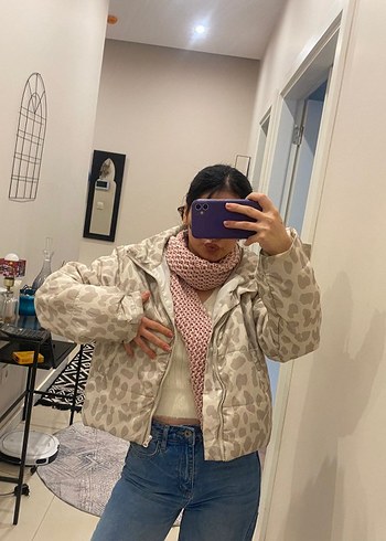 Bej Desenli Midi Kadın şişme Mont - Görsel 2