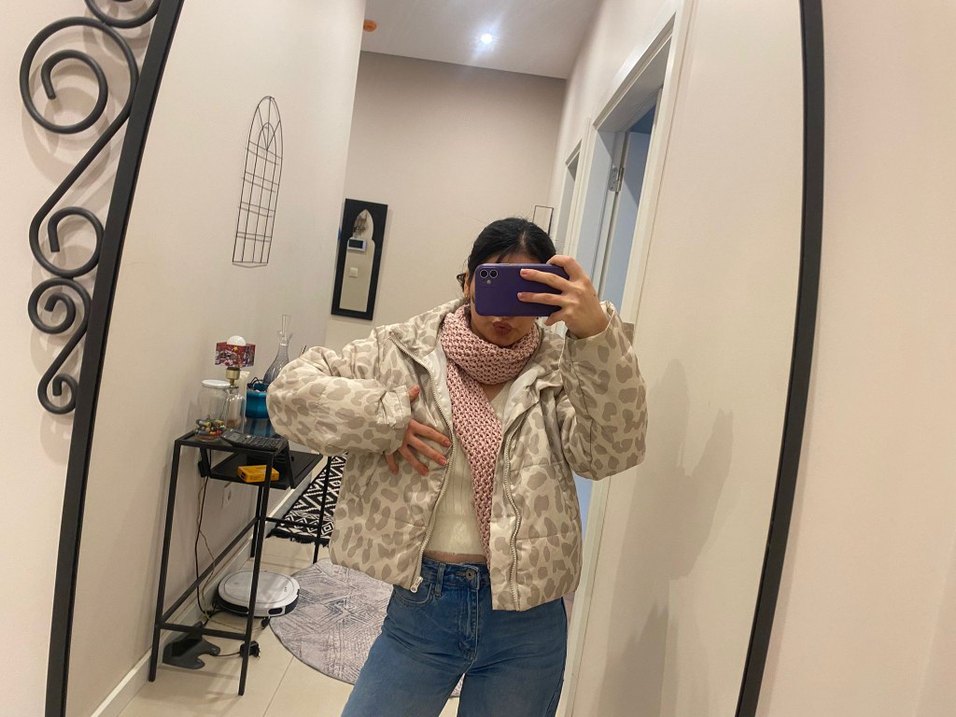 Bej Desenli Midi Kadın şişme Mont - Görsel 2