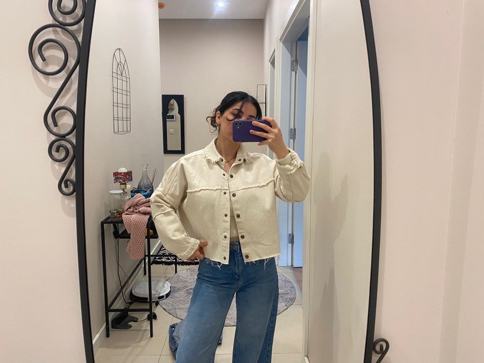 Bej Tie-Dye Kadın Denim Ceket - Görsel 4