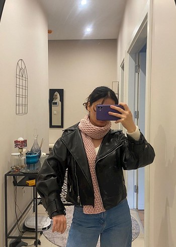 Kadın Siyah Deri Ceket, Yüksek Yaka, Uzun Kol - Görsel 2