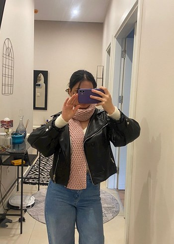 Kadın Siyah Deri Ceket, Yüksek Yaka, Uzun Kol - Görsel 4