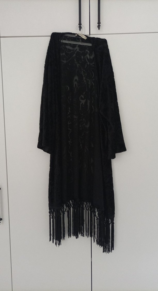 Uzun Siyah Desenli Gotik Kimono - Görsel 5