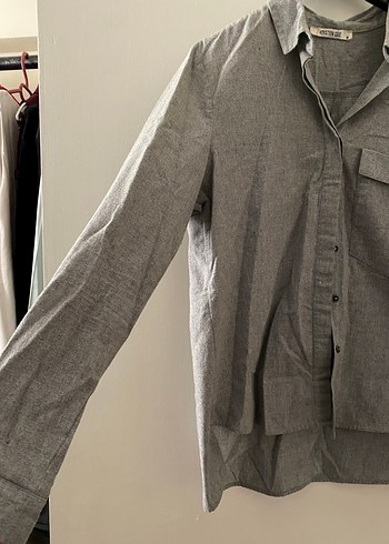 Gri Keten Düğmeli Rahat Kadın Gömlek - Görsel 2