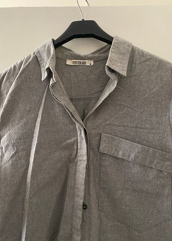 Gri Keten Düğmeli Rahat Kadın Gömlek - Görsel 4