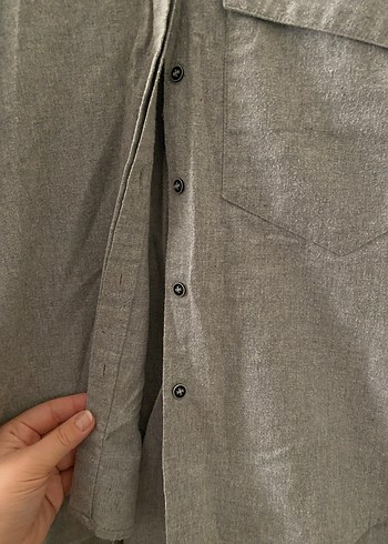 Gri Keten Düğmeli Rahat Kadın Gömlek - Görsel 6