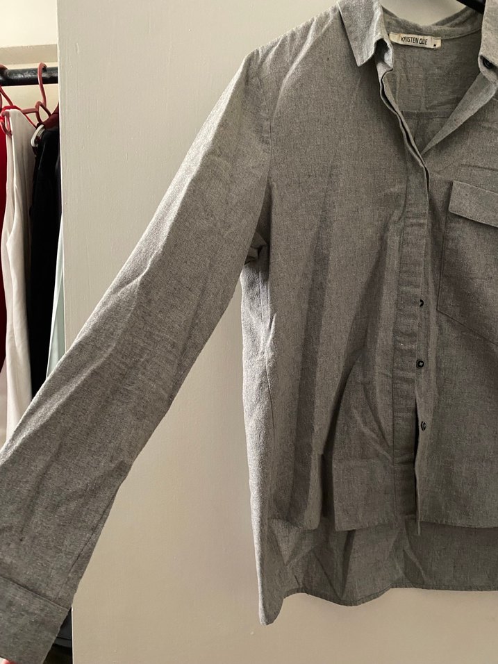 Gri Keten Düğmeli Rahat Kadın Gömlek - Görsel 2