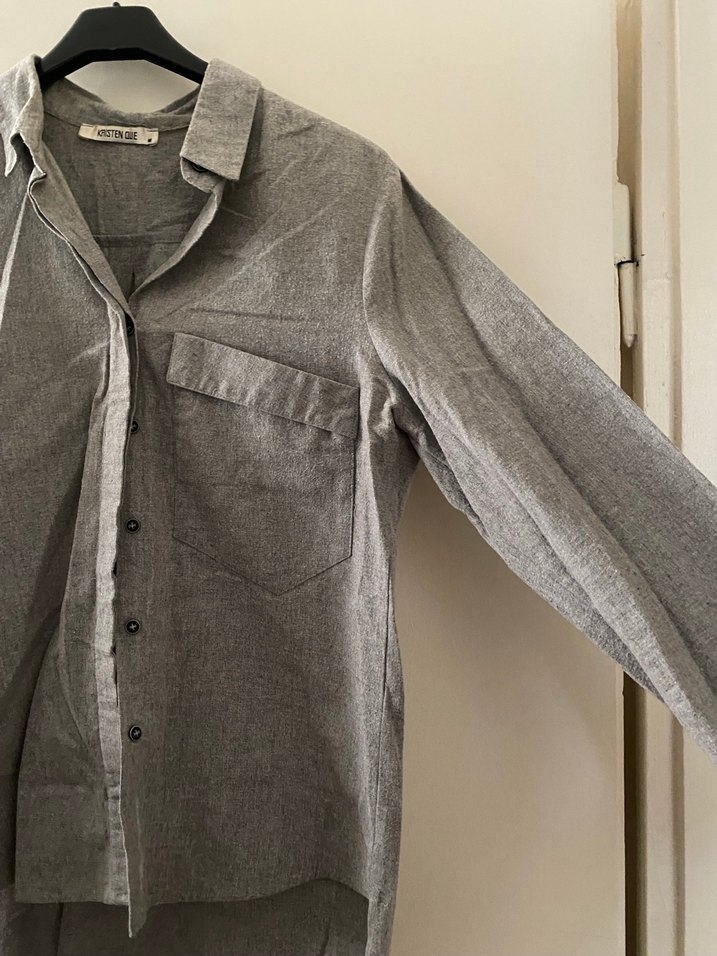 Gri Keten Düğmeli Rahat Kadın Gömlek - Görsel 3