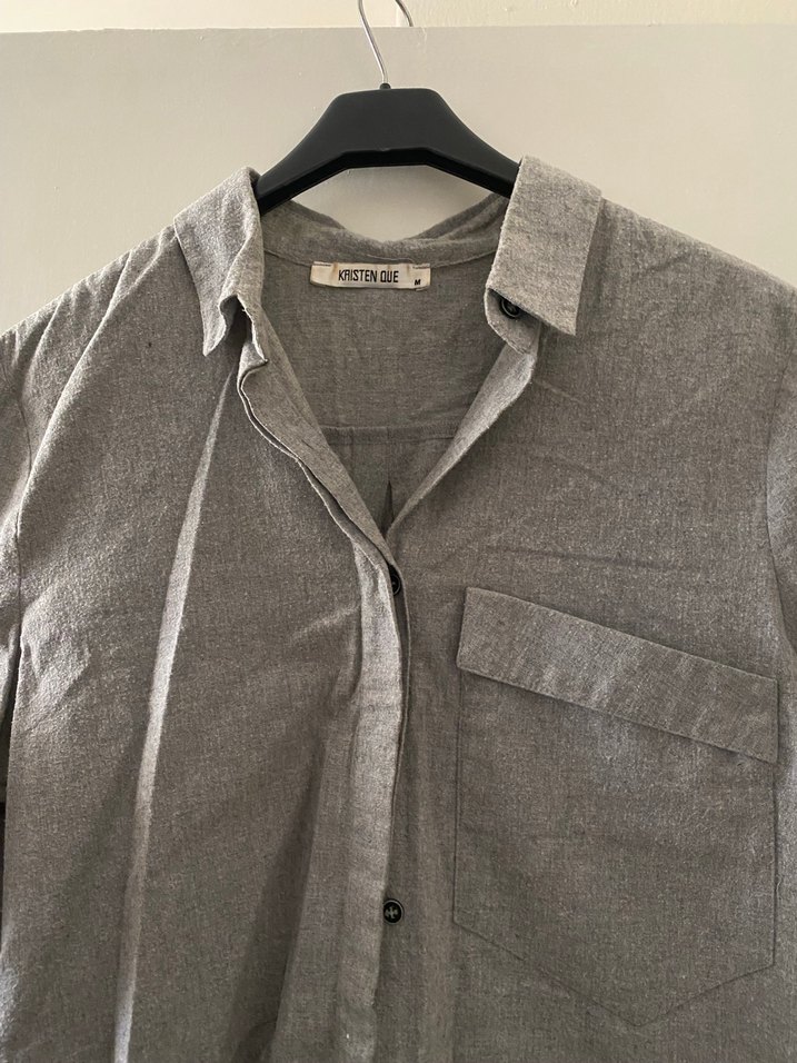 Gri Keten Düğmeli Rahat Kadın Gömlek - Görsel 4