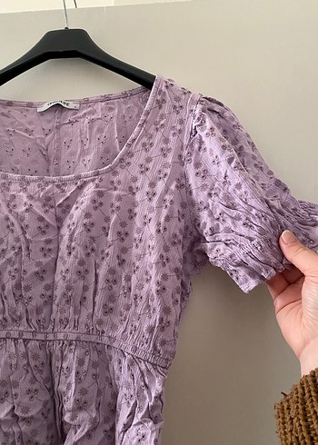 Dantel Detaylı Mor Kısa Kollu Kadın Bluz - Görsel 4