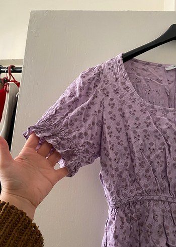 Dantel Detaylı Mor Kısa Kollu Kadın Bluz - Görsel 2