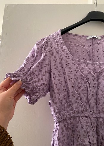 Dantel Detaylı Mor Kısa Kollu Kadın Bluz - Görsel 3