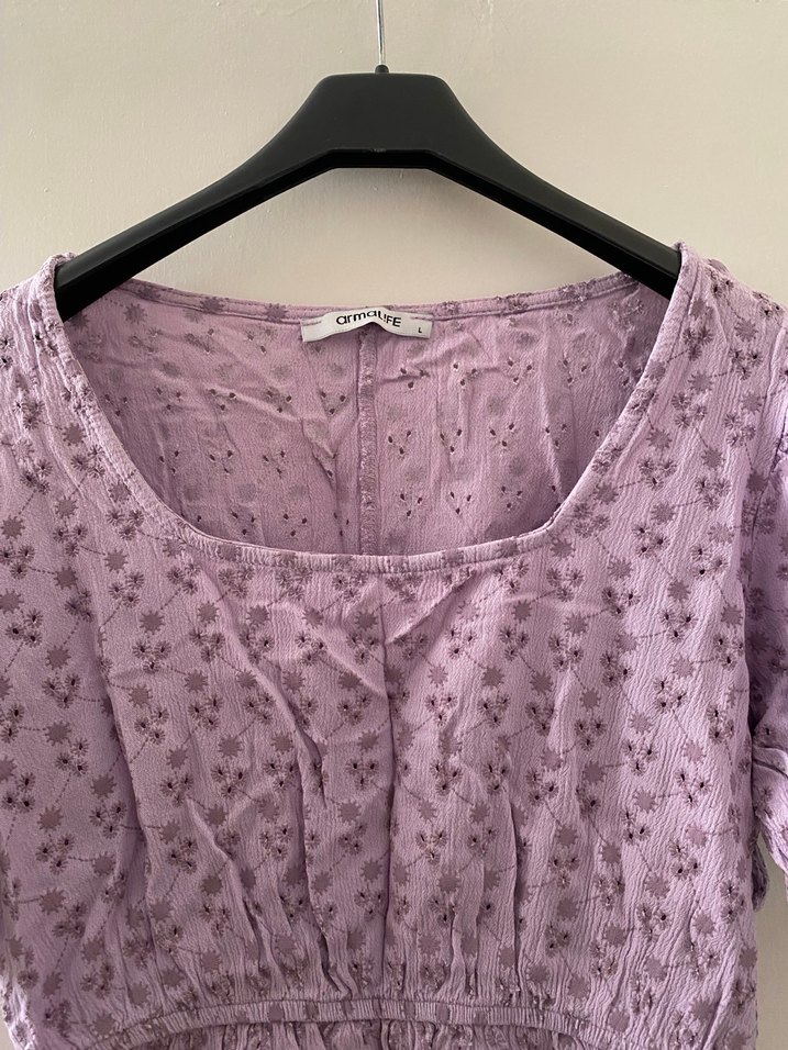 Dantel Detaylı Mor Kısa Kollu Kadın Bluz - Görsel 5