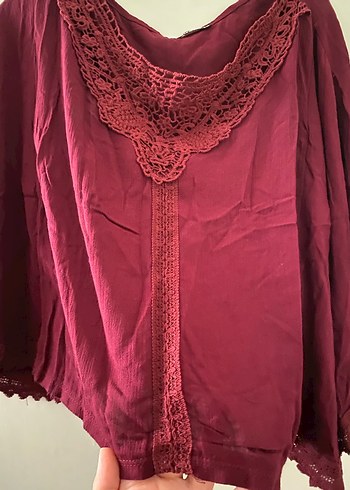 Bordo Dantel Detaylı Bohem Kadın Bluz - Görsel 5