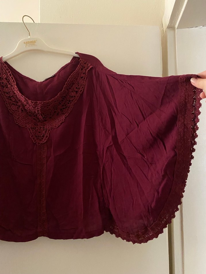 Bordo Dantel Detaylı Bohem Kadın Bluz - Görsel 4
