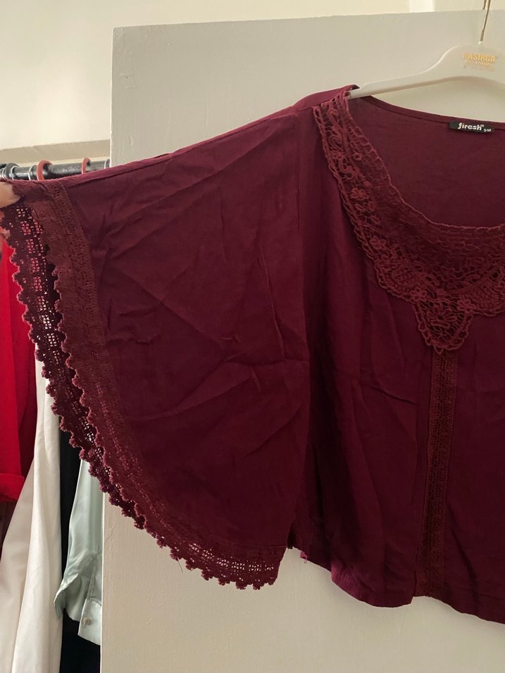 Bordo Dantel Detaylı Bohem Kadın Bluz - Görsel 3