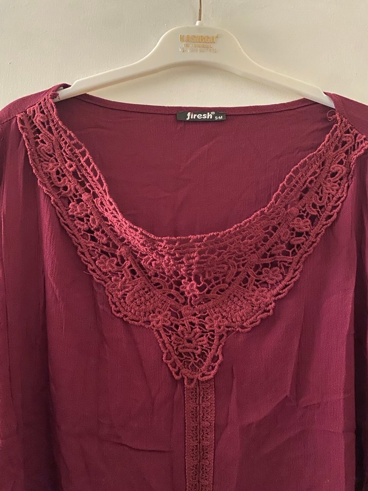 Bordo Dantel Detaylı Bohem Kadın Bluz - Görsel 2