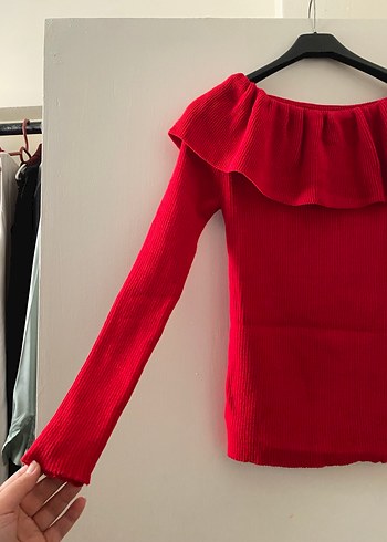 Kırmızı Fırfırlı Uzun Kollu Kadın Kazak - Görsel 2