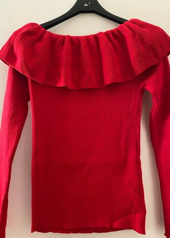 Kırmızı Fırfırlı Uzun Kollu Kadın Kazak - Görsel 4