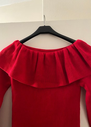 Kırmızı Fırfırlı Uzun Kollu Kadın Kazak - Görsel 3