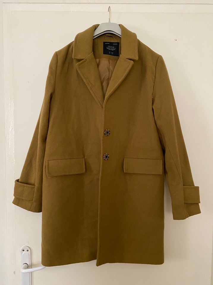 Düğmeli Bej Kaşe Midi Kadın Kaban - Görsel 3