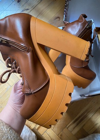 Kahverengi Deri Platform Topuklu Bot - Görsel 2