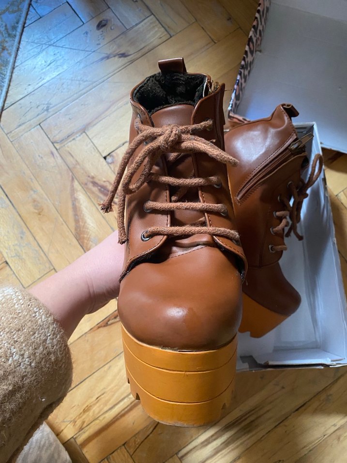 Kahverengi Deri Platform Topuklu Bot - Görsel 3