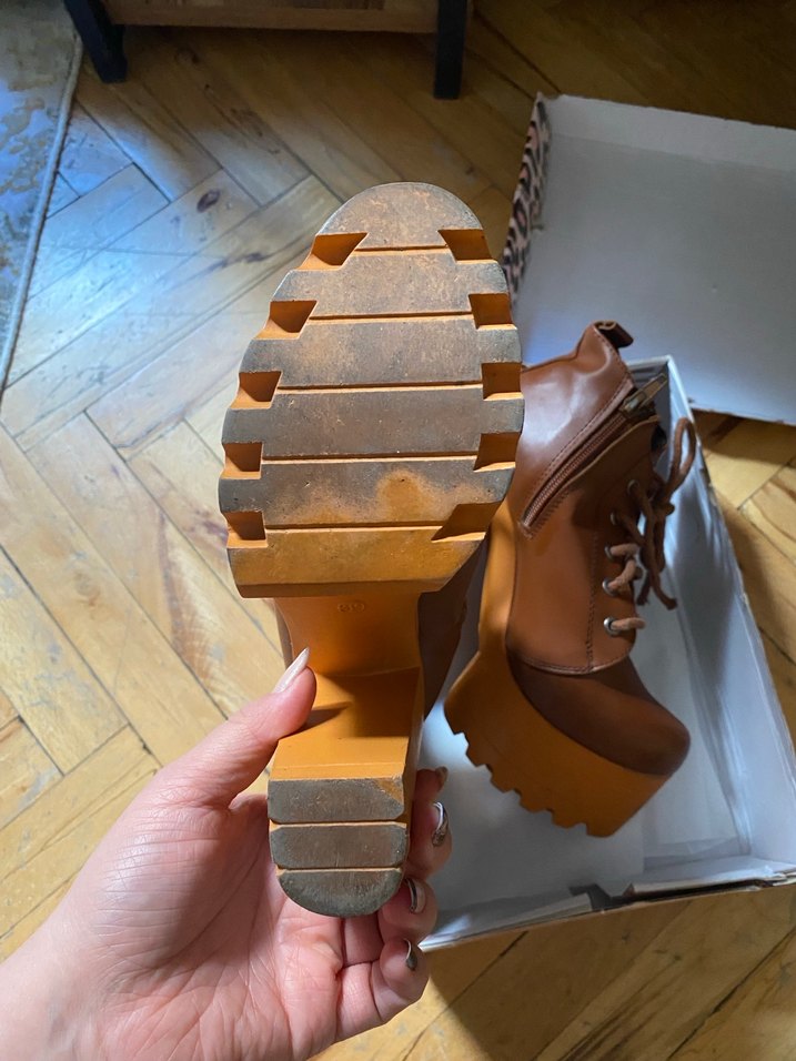 Kahverengi Deri Platform Topuklu Bot - Görsel 4