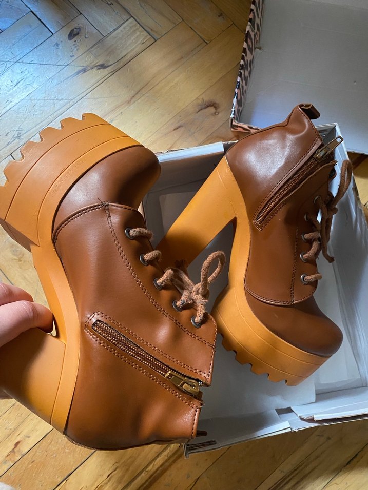 Kahverengi Deri Platform Topuklu Bot - Görsel 5