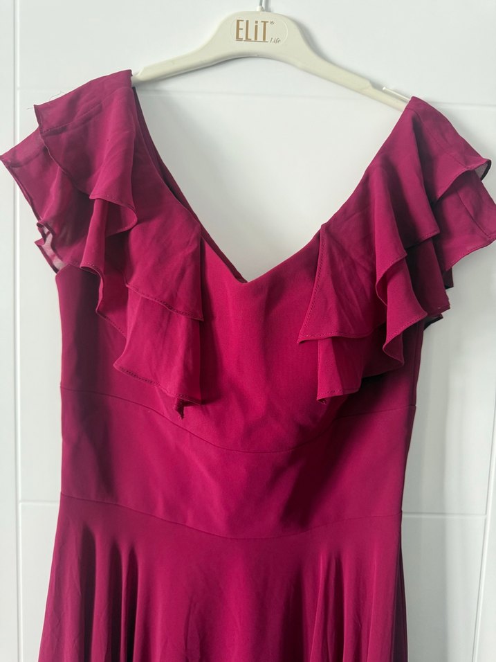 Bordo Fırfırlı Uzun Abiye Elbise - Görsel 2