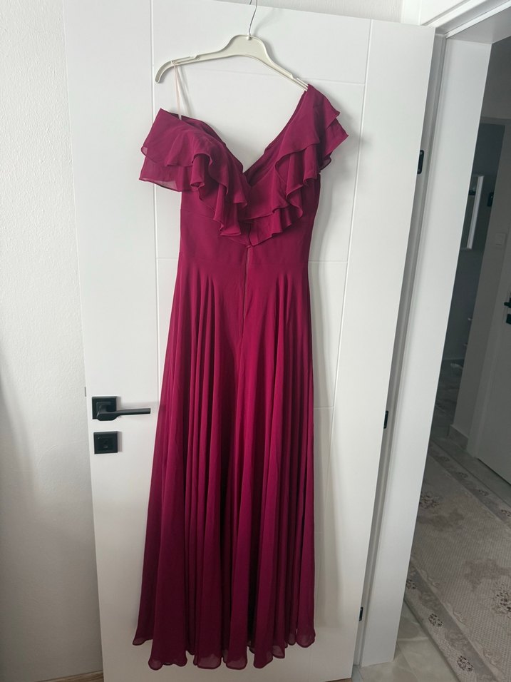 Bordo Fırfırlı Uzun Abiye Elbise - Görsel 3