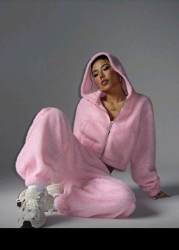 Shein Pembe Peluş Kadın Eşofman Takımı - Görsel 3