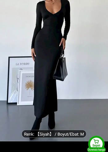 Siyah V Yakalı Uzun Kadın Elbise #shein - Görsel 4