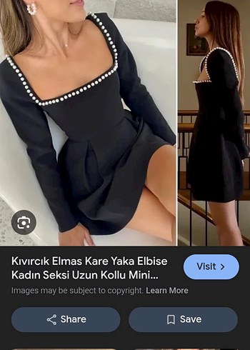 Kare Yaka Boncuklu incili trend Siyah Midi Elbise - Görsel 3